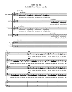 商品为SATB 四声部合唱线谱 Mon-ke-ya 阿卡贝拉 无伴奏混声合唱谱 有试听-云音圈