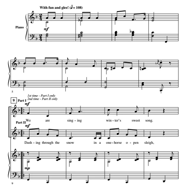 商品为SA 二声部合唱线谱 冬天的雪橇 Winter Sleigh Ride 富兰克林版 童声女声合唱+钢琴谱 有试听