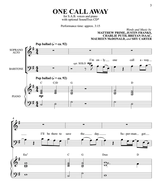 商品为SAB 三声部合唱线谱 断眉哥 One Call Away 比林斯利版 混声合唱谱 有试听