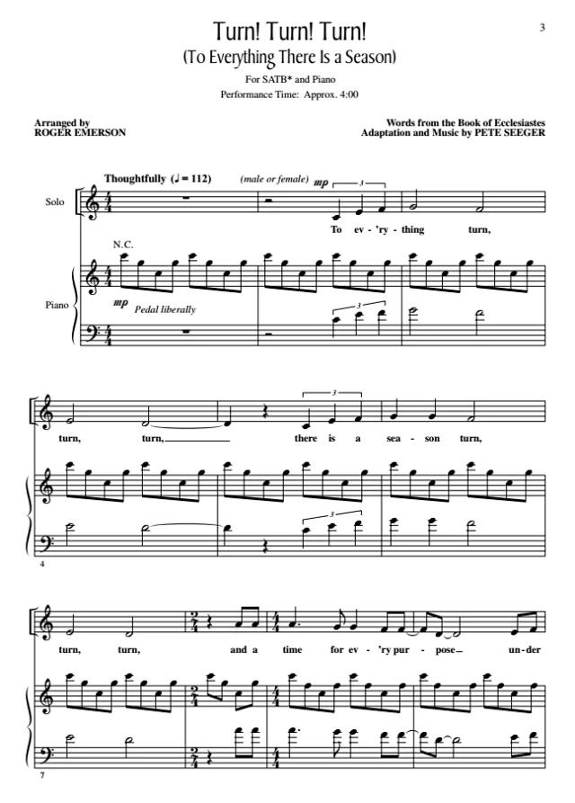 商品为合唱线谱 转转转 Turn! Turn! Turn! 爱默生版 SATB 四声部混声合唱  有试听