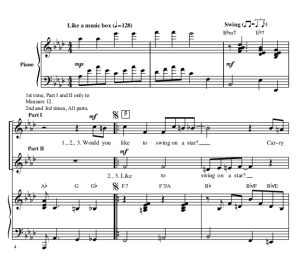 商品为SA 二声部合唱线谱 在星星上荡秋千 Swinging on a Star 吉尔平版 童声女声爵士合唱谱 有试听-云音圈