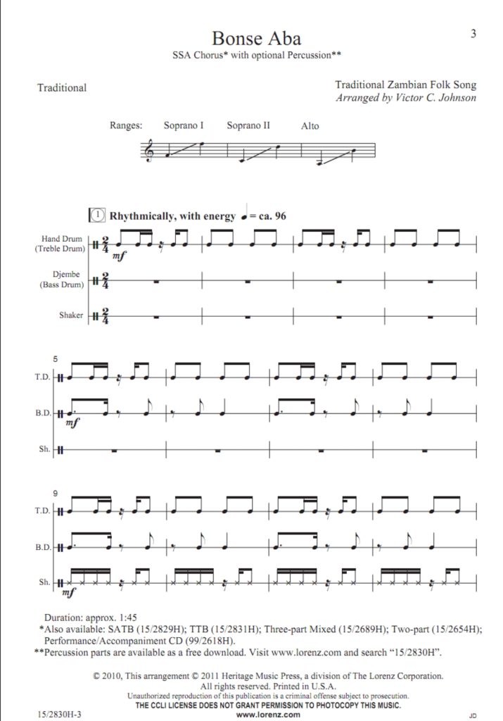 商品为SSA 三声部合唱线谱 非洲民歌 Bonse Aba 约翰逊版 童声女声合唱谱 有试听