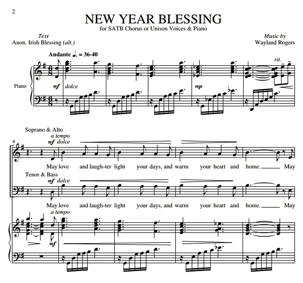 商品为SATB 四声部合唱线谱 新年祝福 New Year Blessing 罗杰斯版 混声合唱+钢琴谱 有试听