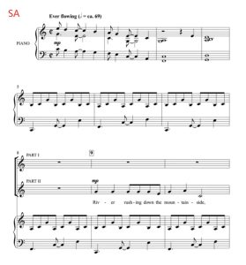 商品为SA 二声部合唱线谱 河流的歌 Riversong 贝克版  童声女声合唱+钢琴谱 有试听-云音圈