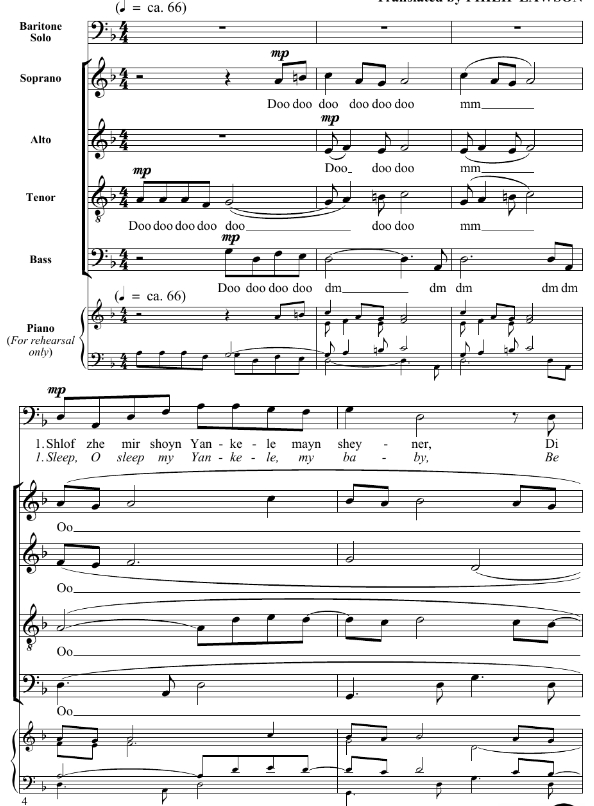 商品为SATB 四声部合唱线谱 A Yiddish Lullaby 劳森版 阿卡贝拉 混声无伴奏合唱谱 有试听