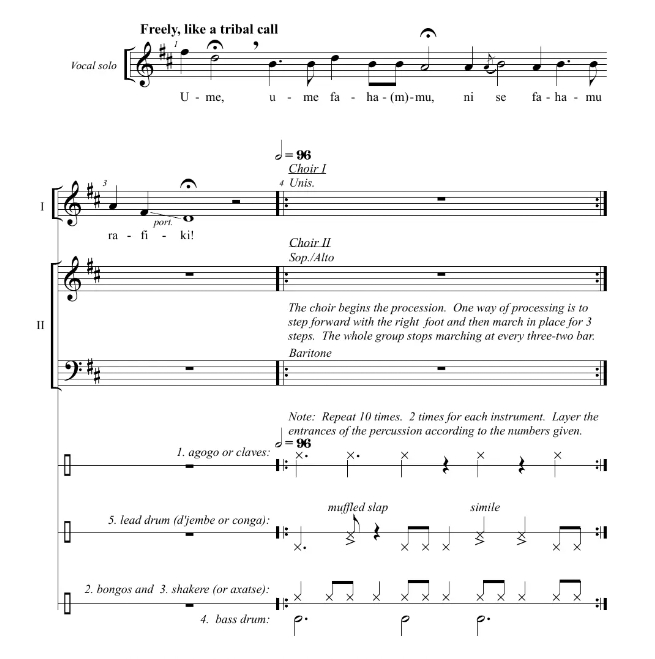 商品为SAB 三声部合唱线谱 African Processional 蒙托亚版 混声合唱谱 有试听