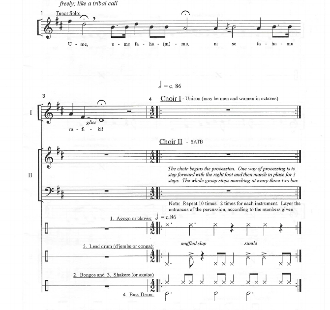 商品为SATB 四声部合唱线谱 African Processional 蒙托亚版 混声合唱谱 有试听