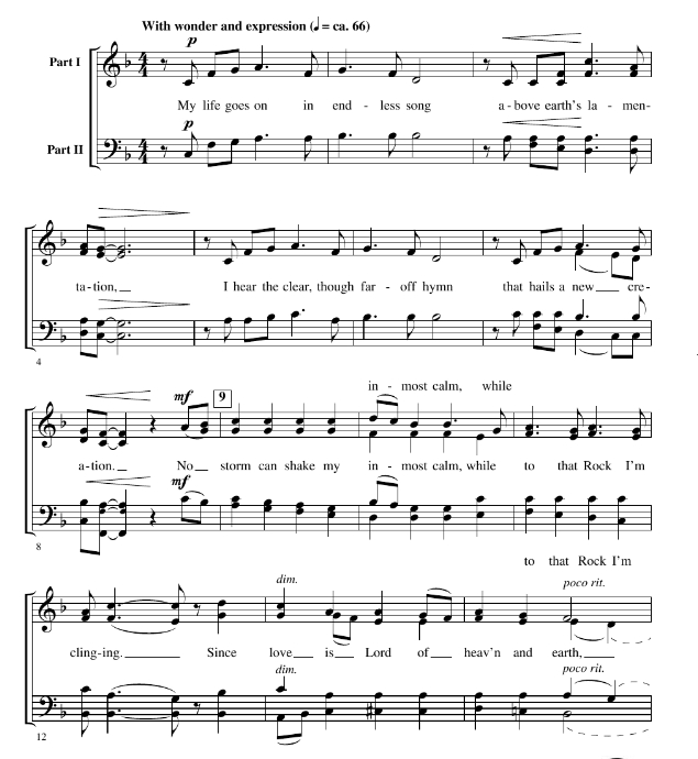 商品为SATB 四声部合唱线谱 How Can I Keep from Singing 罗宾逊版 阿卡贝拉 混声无伴奏合唱谱 有试听