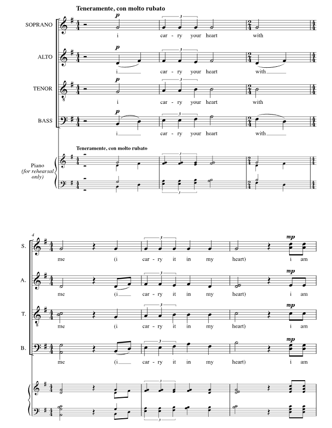 商品为SATB 四声部合唱线谱 I carry your heart 惠特克版 混声合唱谱 有试听