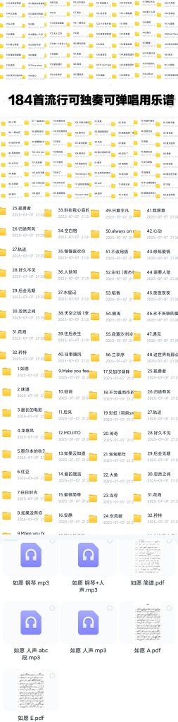 184首流行可独奏可弹唱乐谱资料 独奏五线谱+简谱版伴奏谱+钢琴伴奏音频（还可练歌用）+钢琴带人声唱歌示范视频