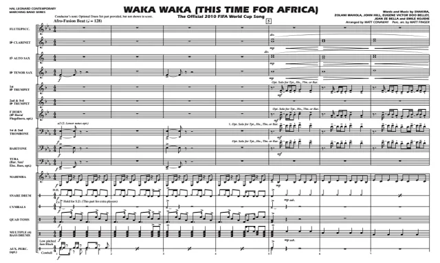 夏奇拉 Waka Waka 中级 行进管乐合奏 总谱+分谱 G3.5 有试听