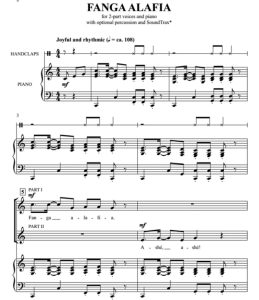商品为SA 二声部合唱线谱 非洲民歌 Fanga Alafia 贝克版 童声女声合唱谱 有试听-云音圈