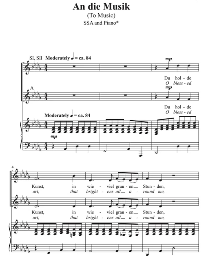 商品为SSA 三声部合唱线谱 舒伯特 致音乐 An Die Musik 爱德华兹版 童声女声合唱谱 有试听