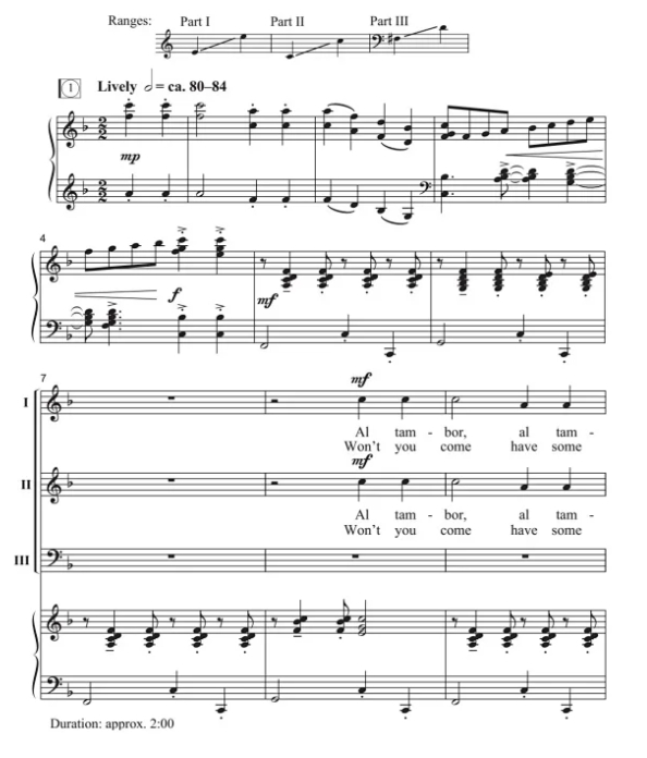 商品为SAB 三声部合唱线谱 Al Tambor 巴拿马民歌 约翰逊版 混声合唱谱 有试听