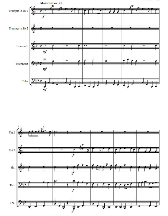 D大调小号即兴曲 加拿大 铜管五重奏总谱+分谱  有试听