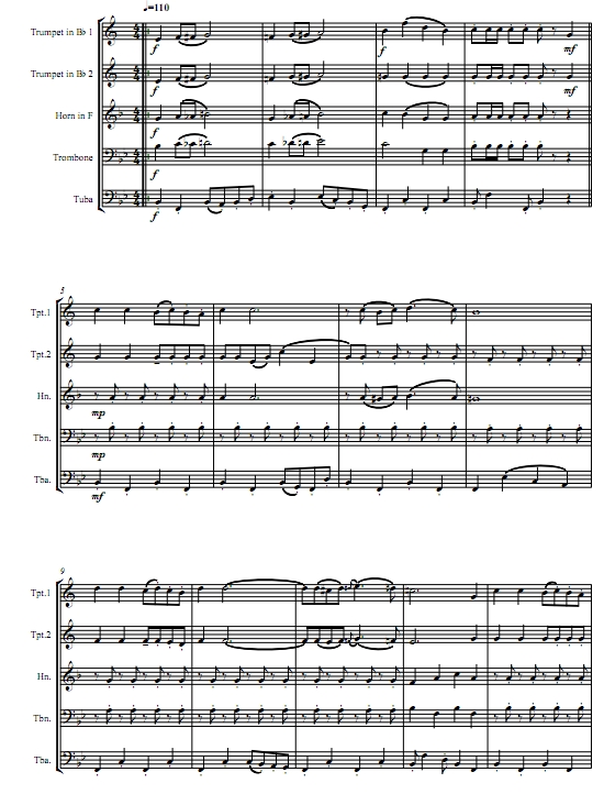 心中没有窗户 3级 铜管五重奏 总谱+分谱 有试听