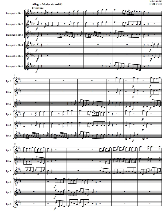 水上音乐组曲迷你版 亨德尔 小号六重奏总谱+分谱 有试听