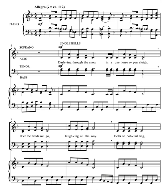 商品为SATB 四声部合唱线谱 胡桃夹子铃儿响叮当 混声合唱谱 有试听