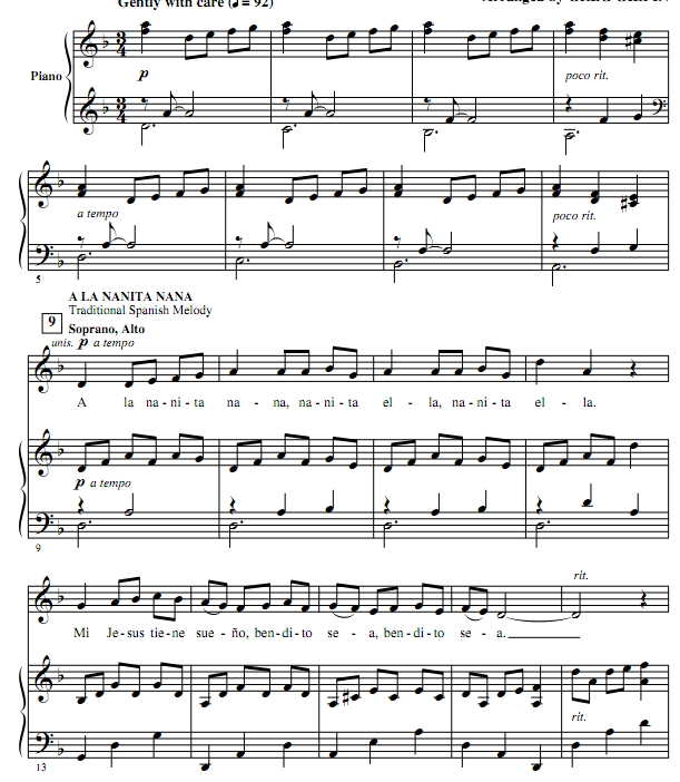 商品为SAB 三声部合唱线谱 A La Nanita Nana 圣诞歌 吉尔平版 混声合唱谱 有试听