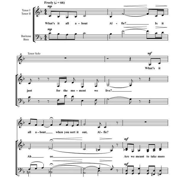 商品为TTBB 四声部合唱线谱 Alfie 马特森版 阿卡贝拉 男声无伴奏合唱谱 有试听