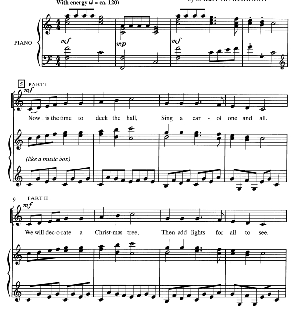 商品为SA 二声部合唱线谱 Deck the Hall for All 阿尔布雷克特版 童声女声合唱+钢琴谱 有试听