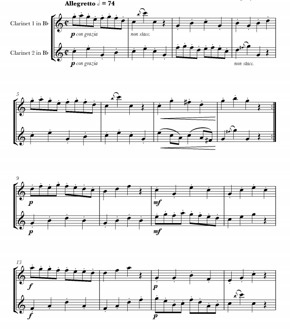 D大调加沃特舞曲  单簧管二重奏 总分谱 带伴奏音频 有试听