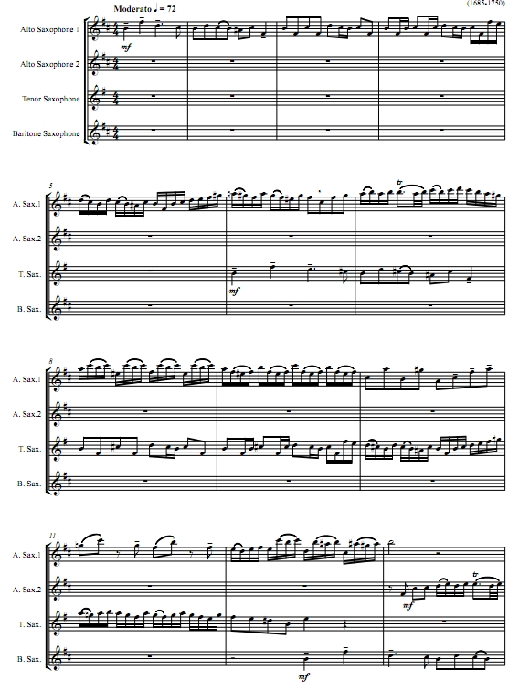 G小调小赋格曲 巴赫 AATB萨克斯四重奏总谱+分谱 有试听