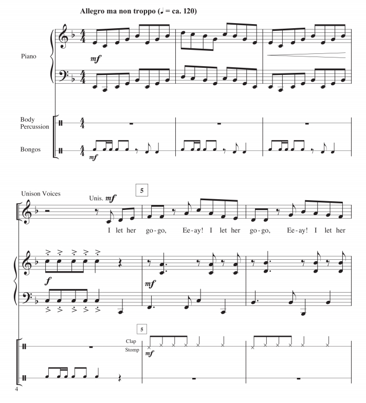 商品为SA 二声部合唱线谱 I let her go go 女声合唱+肢体打击乐+打击乐+钢琴谱 有试听