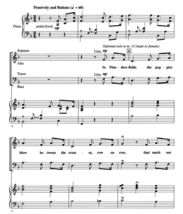 商品为SATB 四声部合唱线谱 In Flanders Fields 爱默生版 混声流行合唱谱 有试听