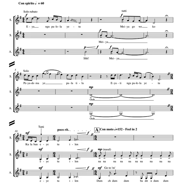 商品为SSA 三声部合唱线谱 Li Ngu Weko 韦布版 阿卡贝拉 无伴奏童声女声合唱谱 有试听