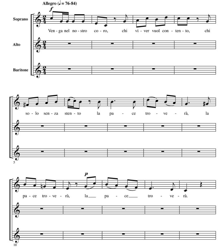 商品为SSA 三声部合唱线谱 Venga Nel Nostro Coro 加里纳版 阿卡贝拉 童声女声无伴奏合唱谱 有试听