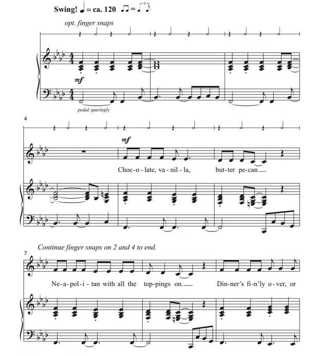 商品为SA 二声部合唱线谱 冰淇淋 麦吉本版 爵士风格 齐唱或二部童声女声合唱+钢琴谱 有试听