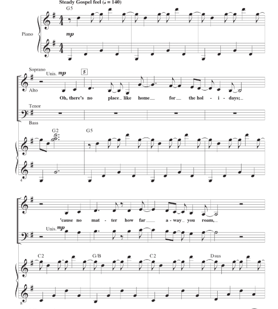 商品为SATB 四声部合唱线谱 圣诞金曲 Home For The Holidays 布莱默版 混声合唱谱 有试听