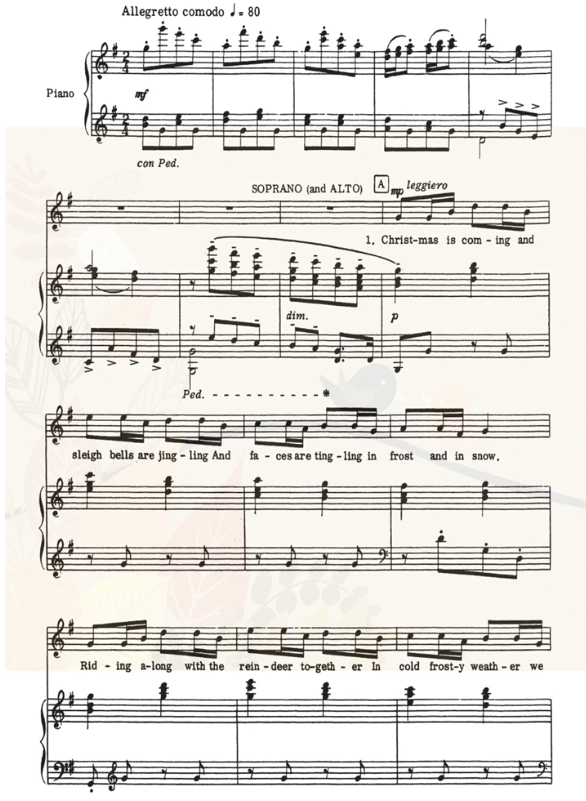 商品为SATB 四声部合唱线谱 圣诞钟声 鲁特版  混声合唱+钢琴谱 有试听