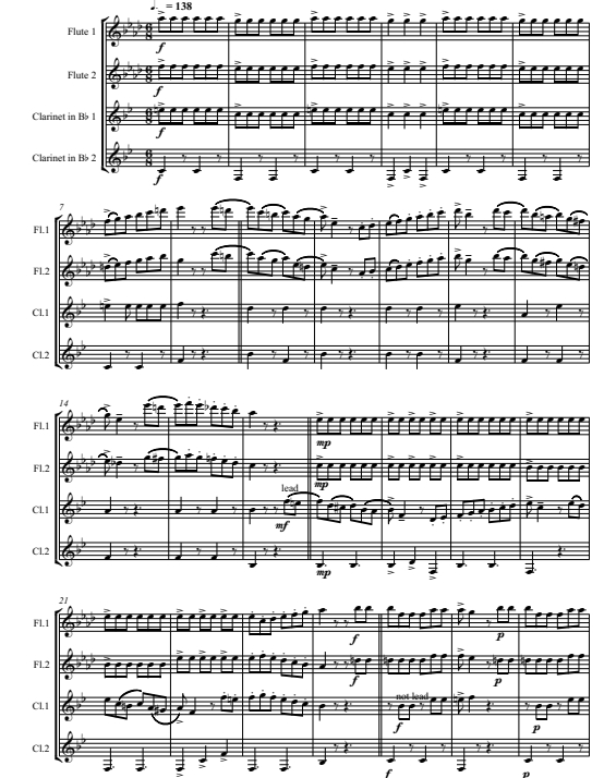 墨西哥草帽舞 2长笛与2单簧管四重奏总谱+分谱 有试听