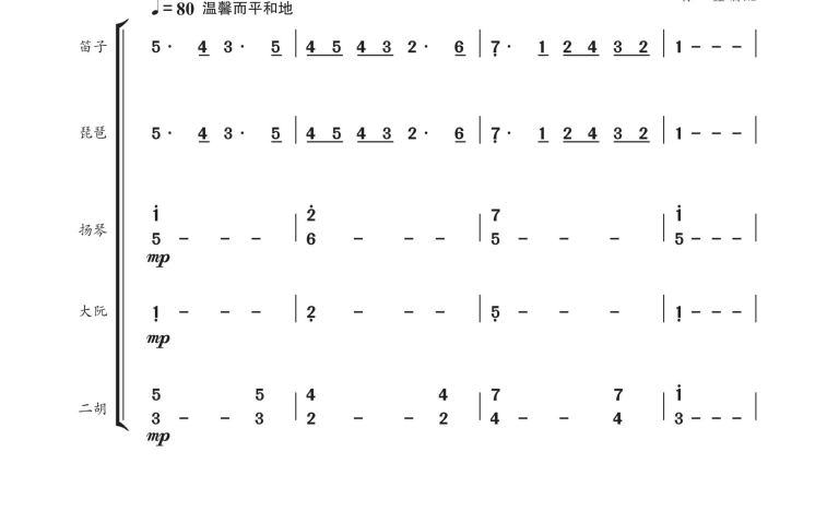 夕阳红  笛子琵琶扬琴大阮二胡重奏 简谱 总谱