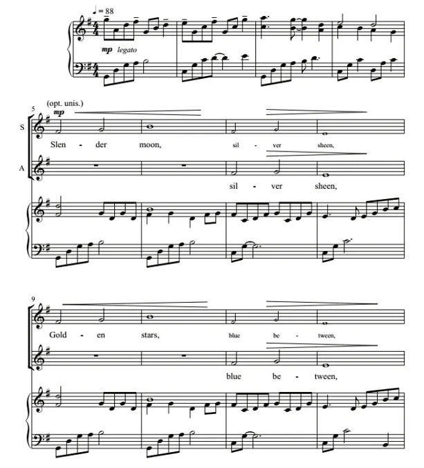 商品为SA 二声部合唱线谱 夜晚的风 法奈尔版 童声女声合唱+钢琴谱 有试听