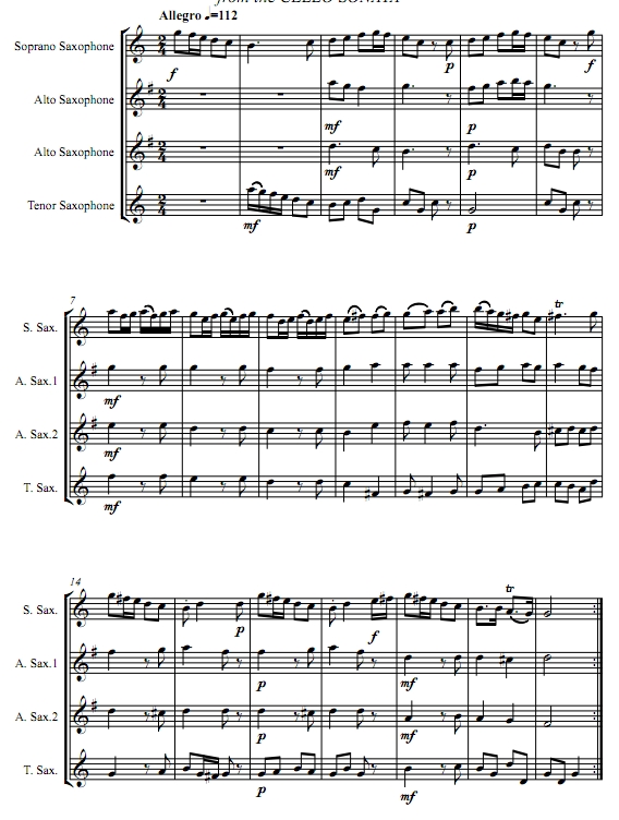 大提琴奏鸣曲-快板 马尔切罗 SAAT萨克斯四重奏总谱+分谱 有试听