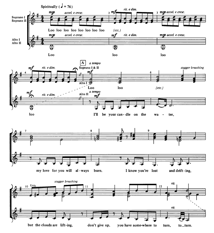 商品为SSAA 四声部合唱线谱 妙妙龙 Candle on the Water 阿卡贝拉 科比·肖版 童声女声无伴奏合唱谱 有试听