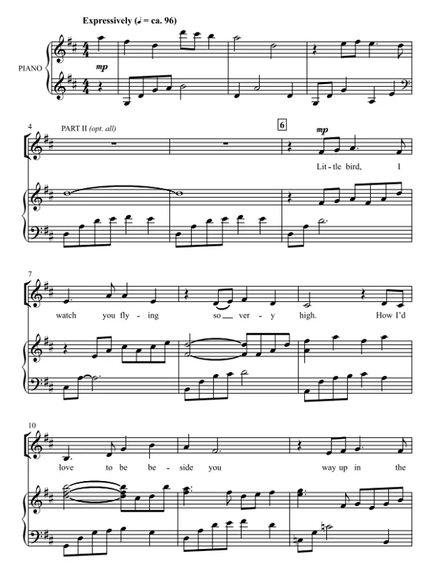 商品为SA 二声部合唱线谱 小鸟 童声女声合唱+钢琴谱 有试听