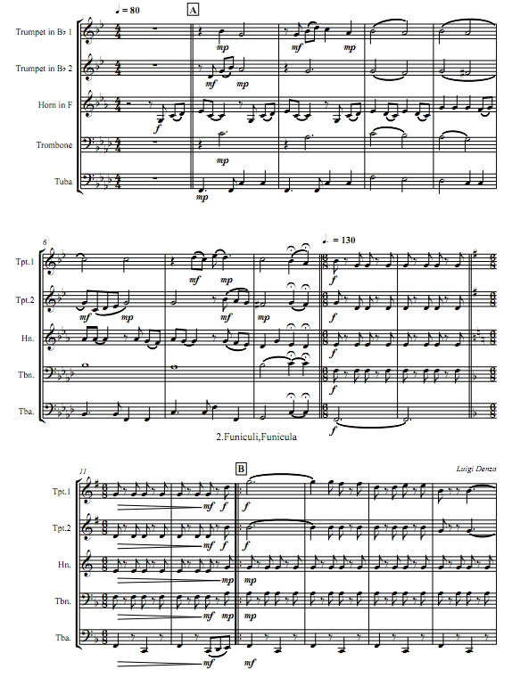 意大利民歌串烧 4级 铜管五重奏总谱+分谱 有试听