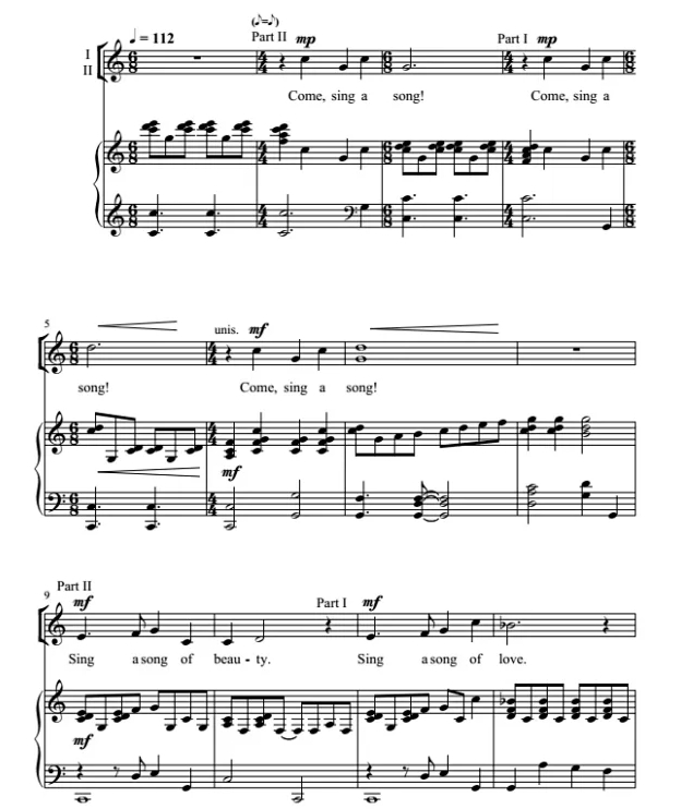 商品为SA 二声部合唱线谱 愿我们的音乐长存  法奈尔版 童声女声合唱+钢琴谱 有试听