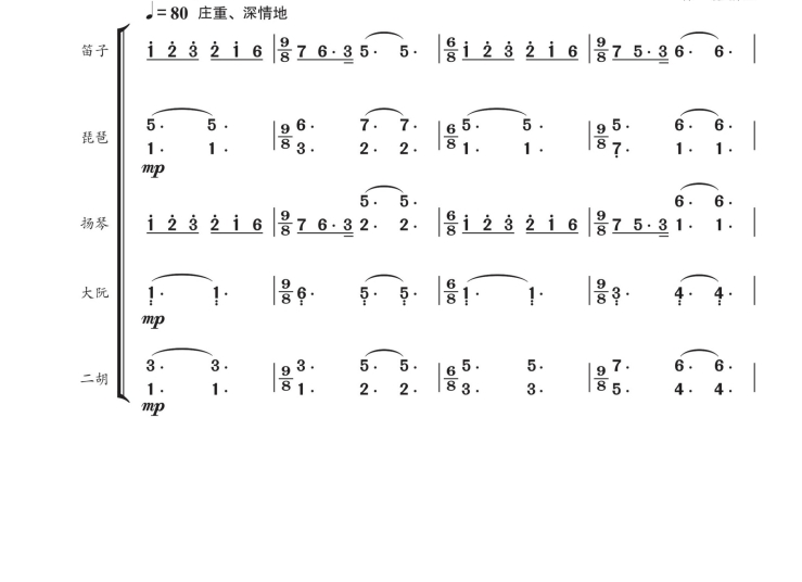 我和我的祖国 笛子琵琶扬琴大阮二胡五重奏简谱 总谱