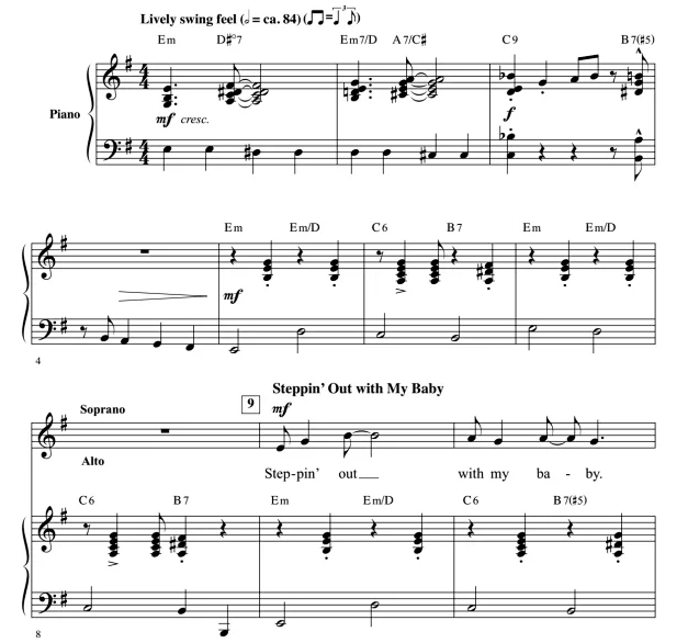 商品为SATB 四声部合唱线谱 欧文柏林 Steppin' Out With My Baby 海斯版 混声爵士合唱谱 有试听