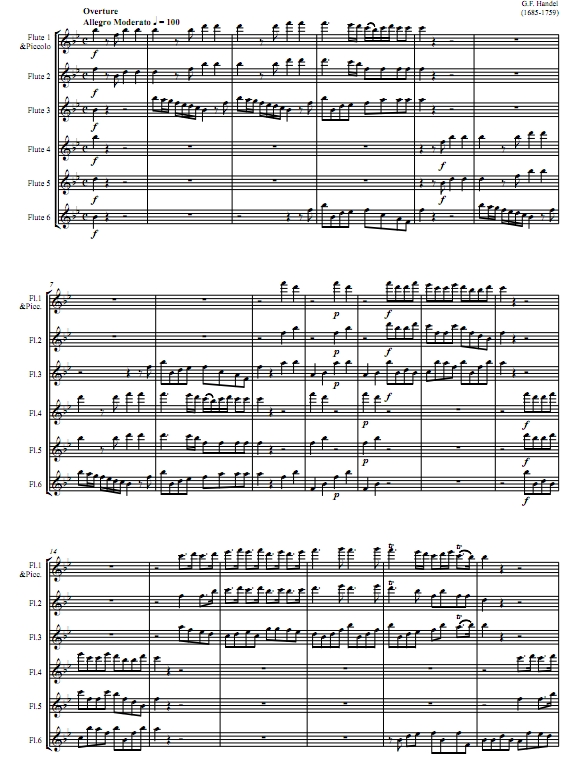 水上音乐组曲迷你版 亨德尔 长笛六重奏总谱+分谱 有试听