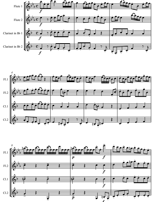 泰勒曼长笛奏鸣曲快板  2长笛与2单簧管四重奏总谱+分谱 有试听