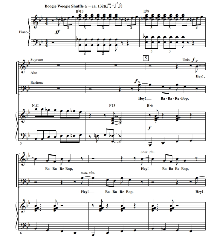 商品为SAB 三声部合唱线谱 爵士经典 Hey! Ba-Ba-Re-Bop 泽格里版 混声合唱谱 有试听