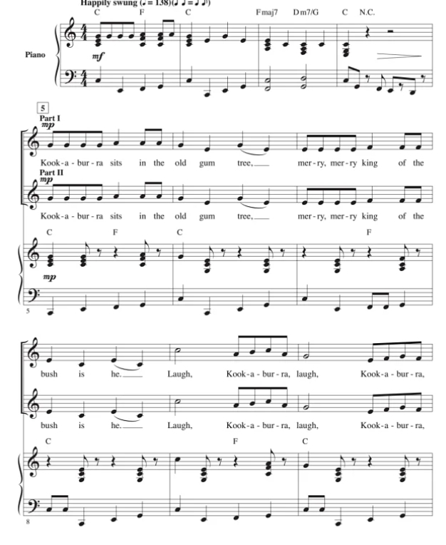 商品为SA 二声部合唱线谱 笑翠鸟 Kookaburra 施奈德版 童声女声合唱SA+钢琴谱 有试听