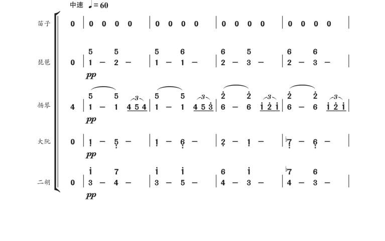 绒花 笛子琵琶扬琴大阮二胡重奏 简谱 总谱