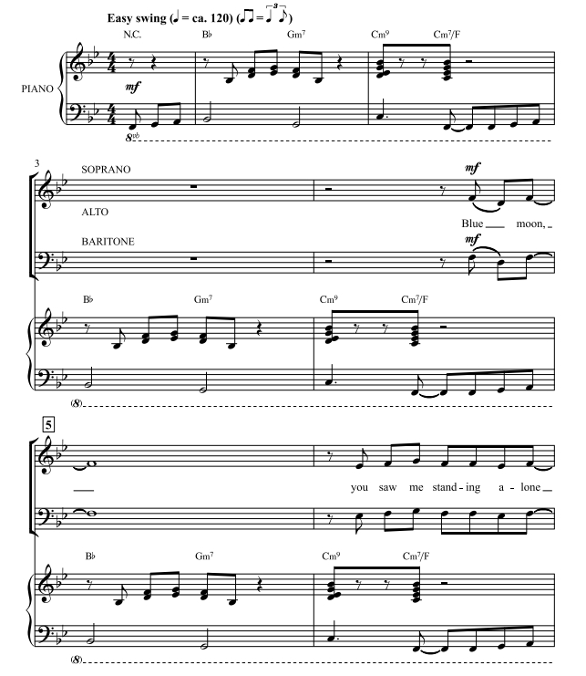 商品为SAB 三声部合唱线谱 蓝月亮 Blue Moon 科比肖版 混声爵士合唱谱 有试听